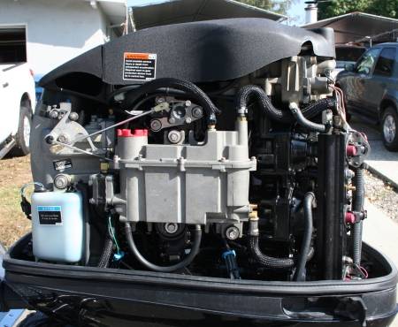 Mercuy Optimax 225 ProXS with cowling off (side view)